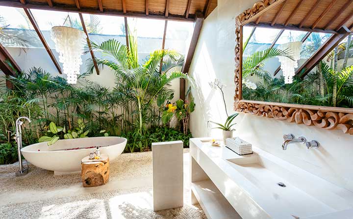 Stunning luxury bathroom with stone bath, Bali retreat, Bliss Sanctuary For Women, Seminyak Sanctuary