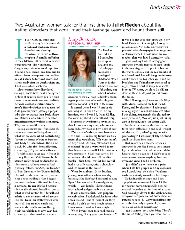 Australian Women's Weekly Magazine: 'My secret eating disorder' featuring Zoë Watson, founder of Bliss Sanctuary For Women