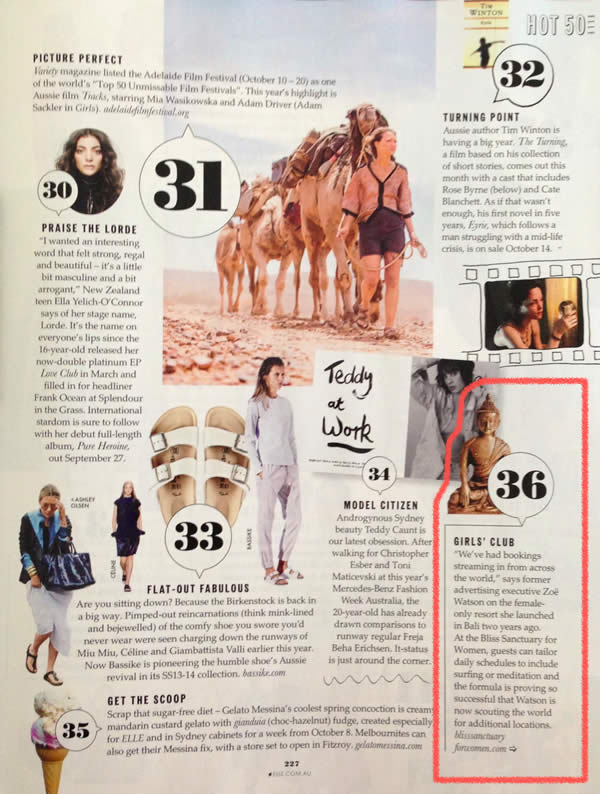 Elle Magazine: Hot 50 – A cultural wrap of everything you need to know to see out 2013 with cred – Girls' Club – Bliss Sanctuary For Women
