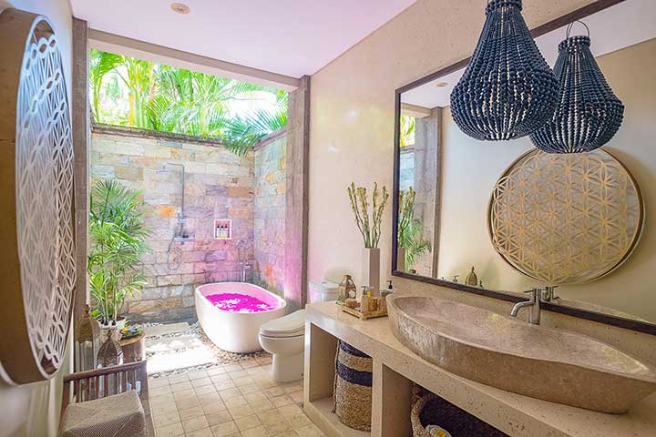 Stunning luxury indoor and outdoor bathroom, Bali retreat, Bliss Sanctuary For Women, Canggu Sanctuary