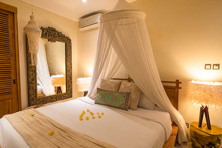 Beautiful bedroom and outdoor bathroom with rose bath, Bliss Sanctuary, Canggu Bali