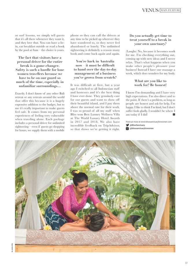 Venus Magazine - She Sells Sanctuary Article page 5 - Zoe Watson discusses opening Ubud retreat and running Bali retreats