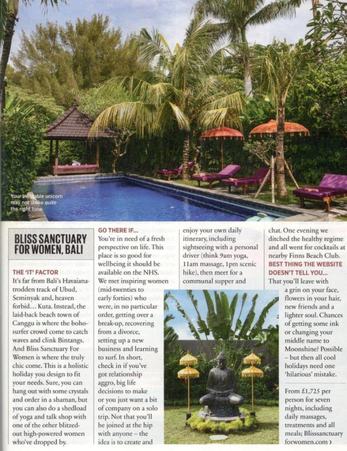 magazine clipping with photograph of swimming pool in tropical Bali garden
