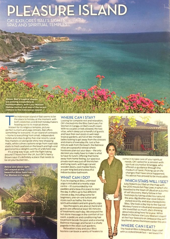 magazine clipping - Bali cliff side view over ocean. Bliss sanctuary for women pool and meditation shelter.