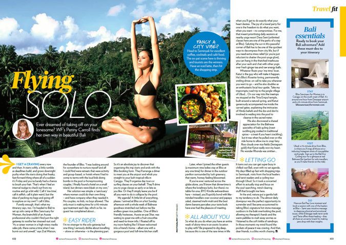 magazine clipping - woman performing yoga on a wall that overlooks a tropical forest