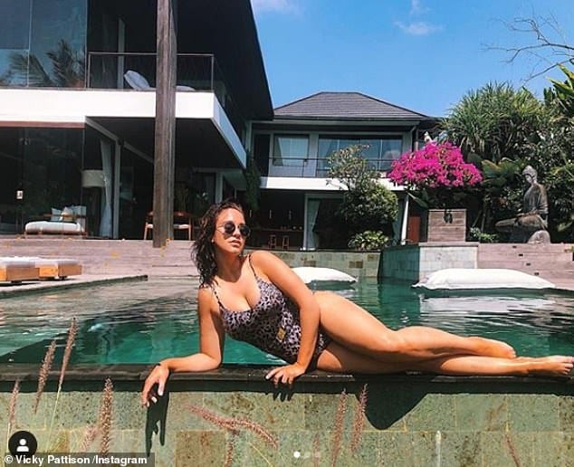 Oops: Vicky Pattison joked she fell into the water three times in a bid to take the 'perfect poolside snap' in Bali, sharing the visual evidence of her efforts on Instagram on Thursday