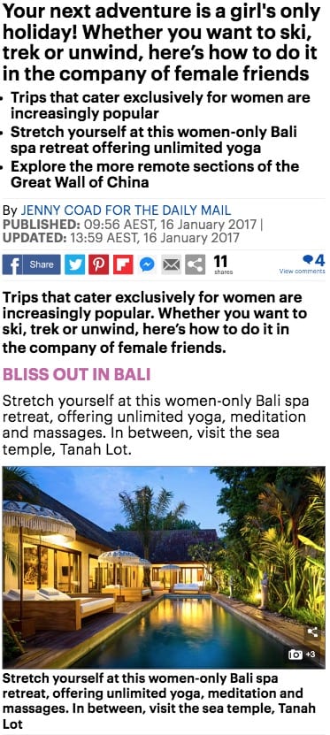 Girls only holiday Bliss Bali retreat, Daily Mail online